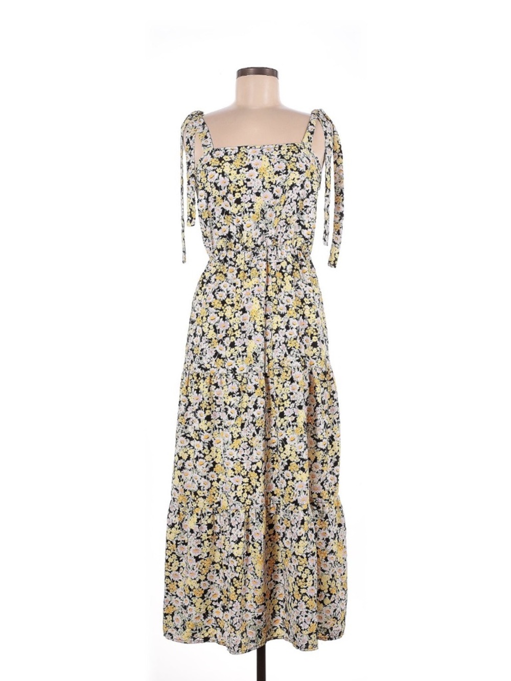 Tie-Shoulder Floral Midi Dress in Yellow and Black